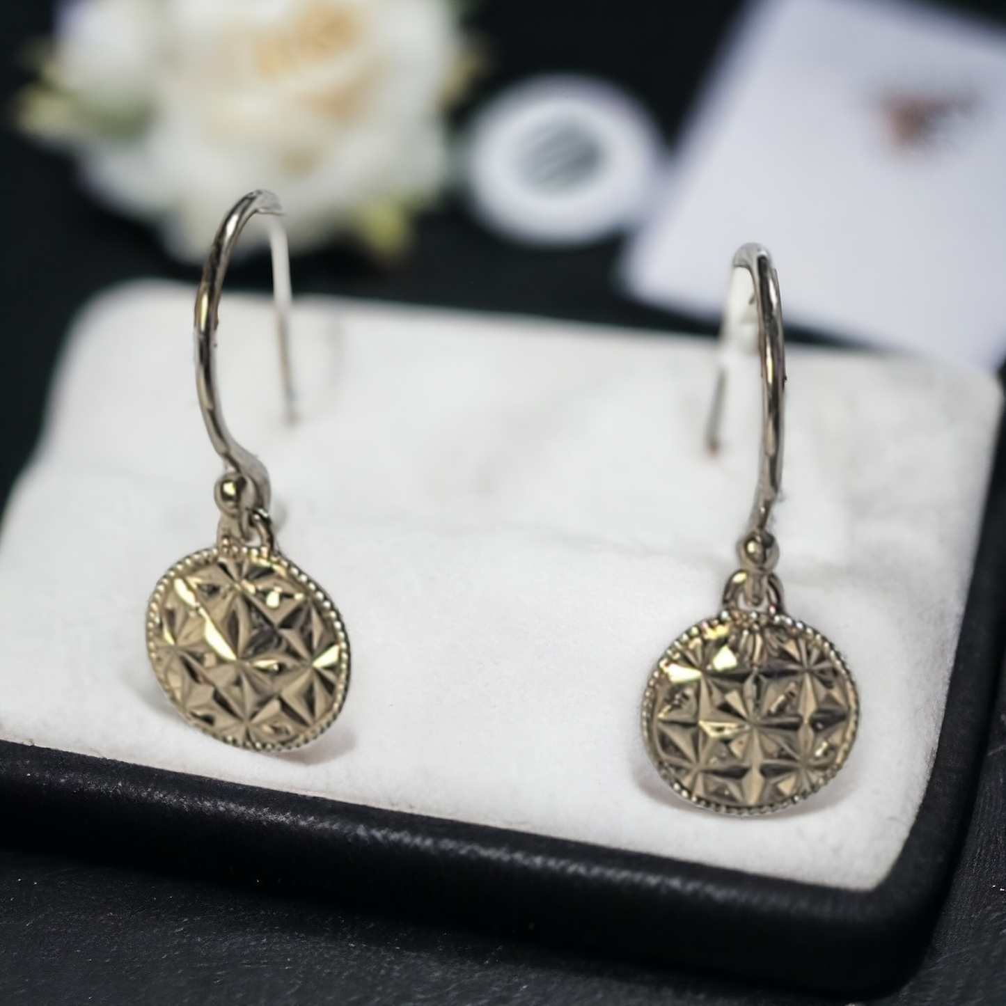 Round diamond cut engraved dangle earring